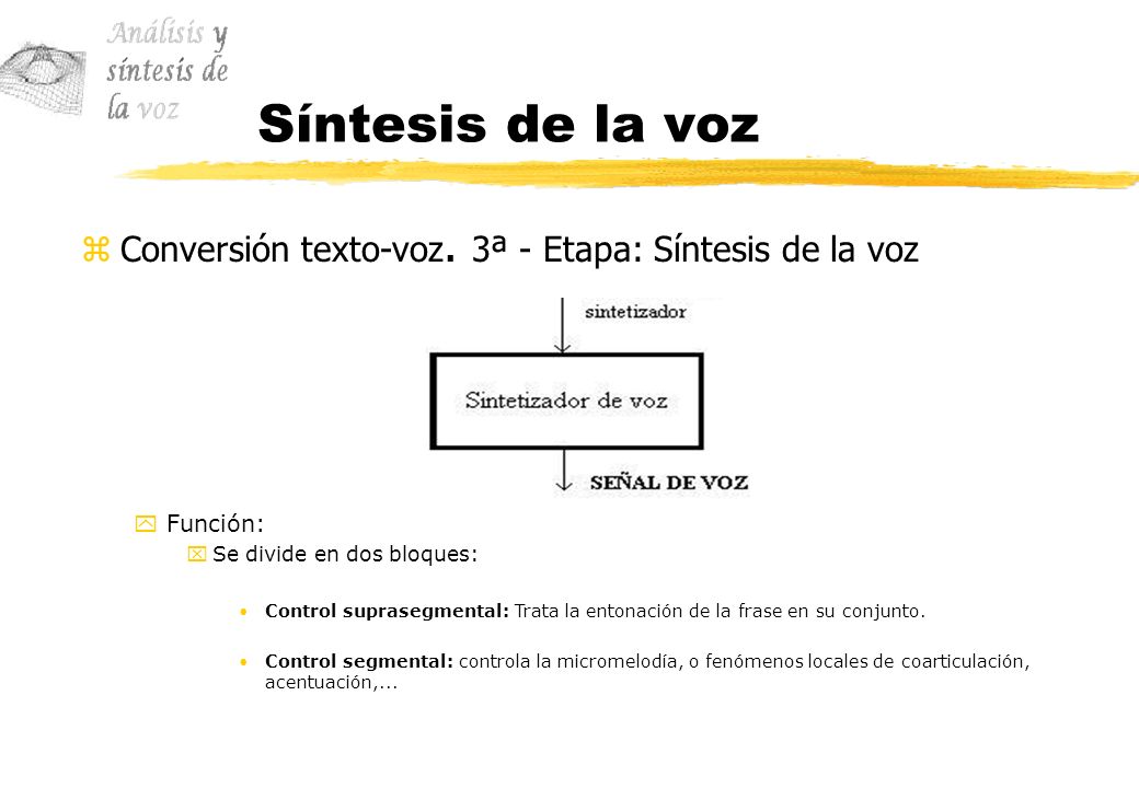 Síntesis de la voz Conversión texto-voz. 3ª - Etapa: Síntesis de la voz. Función: Se divide en dos bloques: