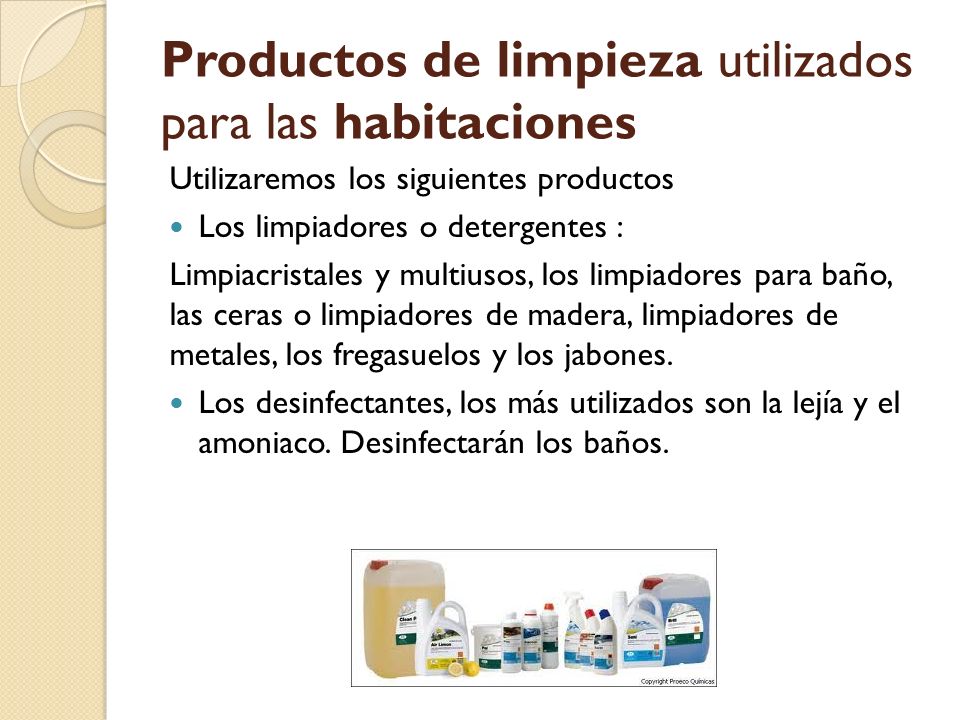Productos de limpieza utilizados para las habitaciones