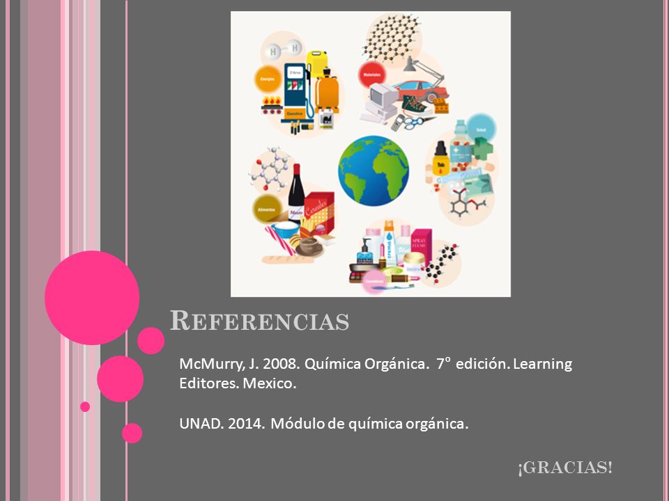 Referencias McMurry, J Química Orgánica. 7° edición. Learning Editores. Mexico. UNAD Módulo de química orgánica.