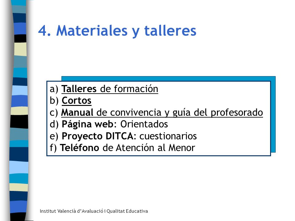 4. Materiales y talleres a) Talleres de formación b) Cortos