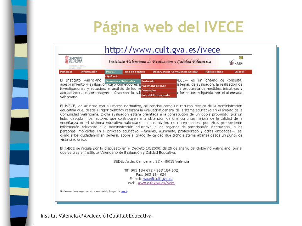 Página web del IVECE Acciones futuras en el marco del Plan PREVI