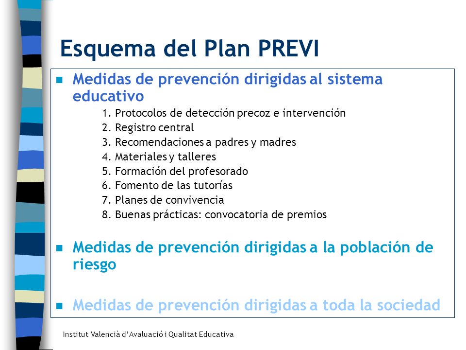 Esquema del Plan PREVI Medidas de prevención dirigidas al sistema educativo. 1. Protocolos de detección precoz e intervención.