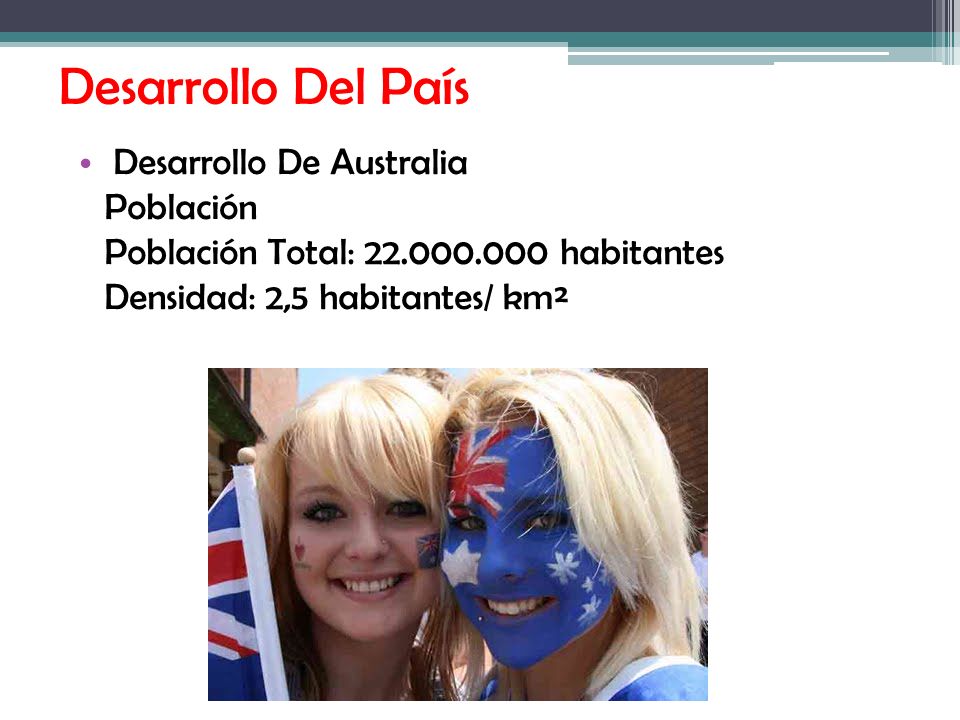 Desarrollo Del País Desarrollo De Australia Población Población Total: habitantes Densidad: 2,5 habitantes/ km².