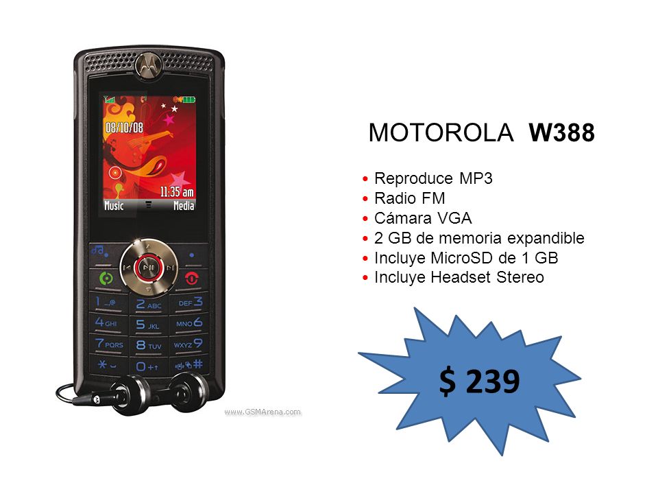 $ 239 MOTOROLA W388 Reproduce MP3 Radio FM Cámara VGA