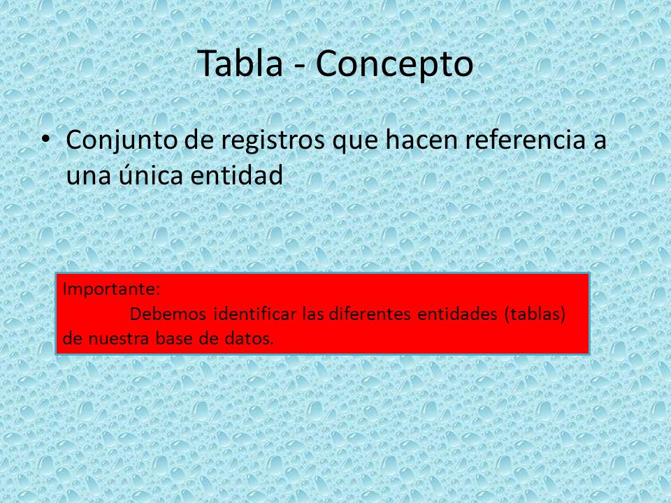 Tabla - Concepto Conjunto de registros que hacen referencia a una única entidad. Importante: