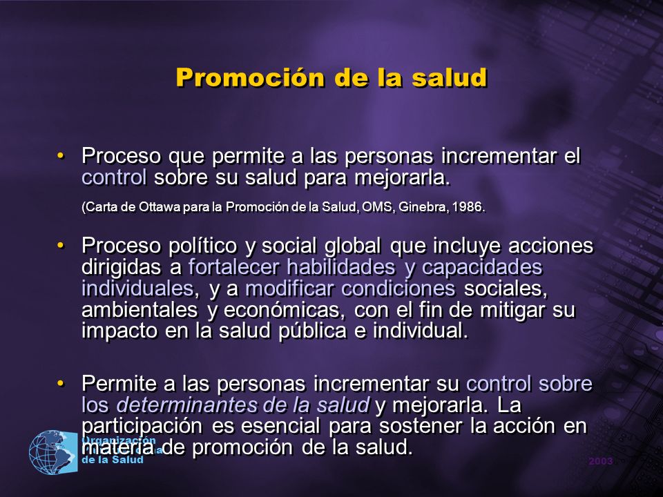 Promoción de la salud Proceso que permite a las personas incrementar el control sobre su salud para mejorarla.
