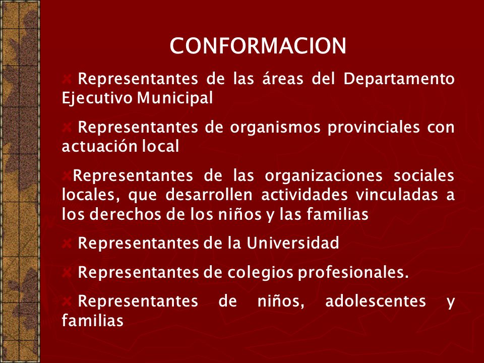 CONFORMACION Representantes de las áreas del Departamento Ejecutivo Municipal. Representantes de organismos provinciales con actuación local.