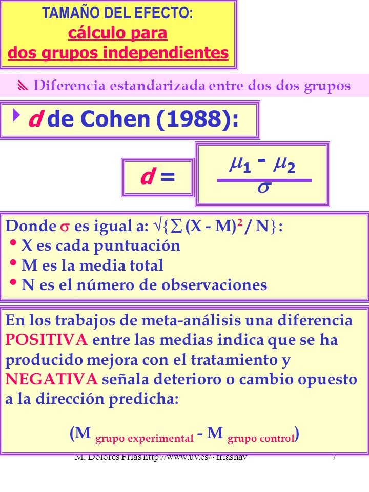 d de Cohen (1988): 1 - 2  d = TAMAÑO DEL EFECTO: cálculo para