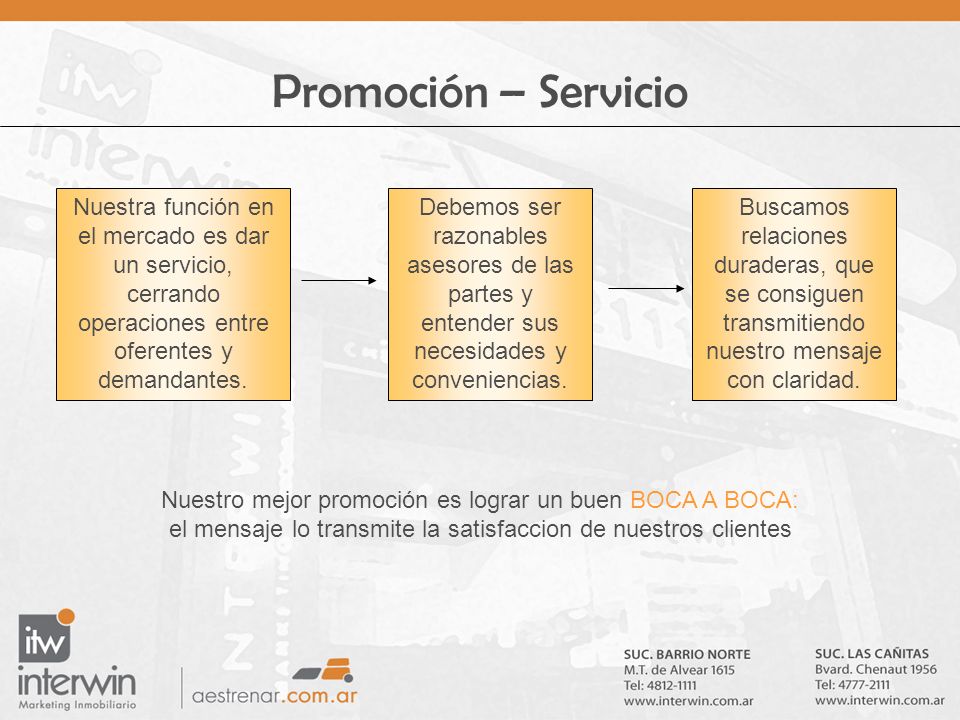 Promoción – Servicio Nuestra función en el mercado es dar un servicio, cerrando operaciones entre oferentes y demandantes.