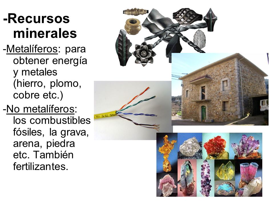 -Recursos minerales -Metalíferos: para obtener energía y metales (hierro, plomo, cobre etc.)