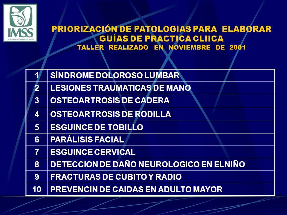 PRIORIZACIÓN DE PATOLOGIAS PARA ELABORAR GUÍAS DE PRACTICA CLIICA TALLER REALIZADO EN NOVIEMBRE DE 2001