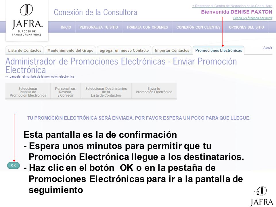 Esta pantalla es la de confirmación - Espera unos minutos para permitir que tu Promoción Electrónica llegue a los destinatarios. - Haz clic en el botón OK o en la pestaña de Promociones Electrónicas para ir a la pantalla de seguimiento