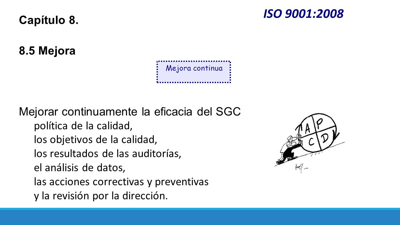 ISO 9001:2008 Capítulo Mejora. Mejorar continuamente la eficacia del SGC. política de la calidad,