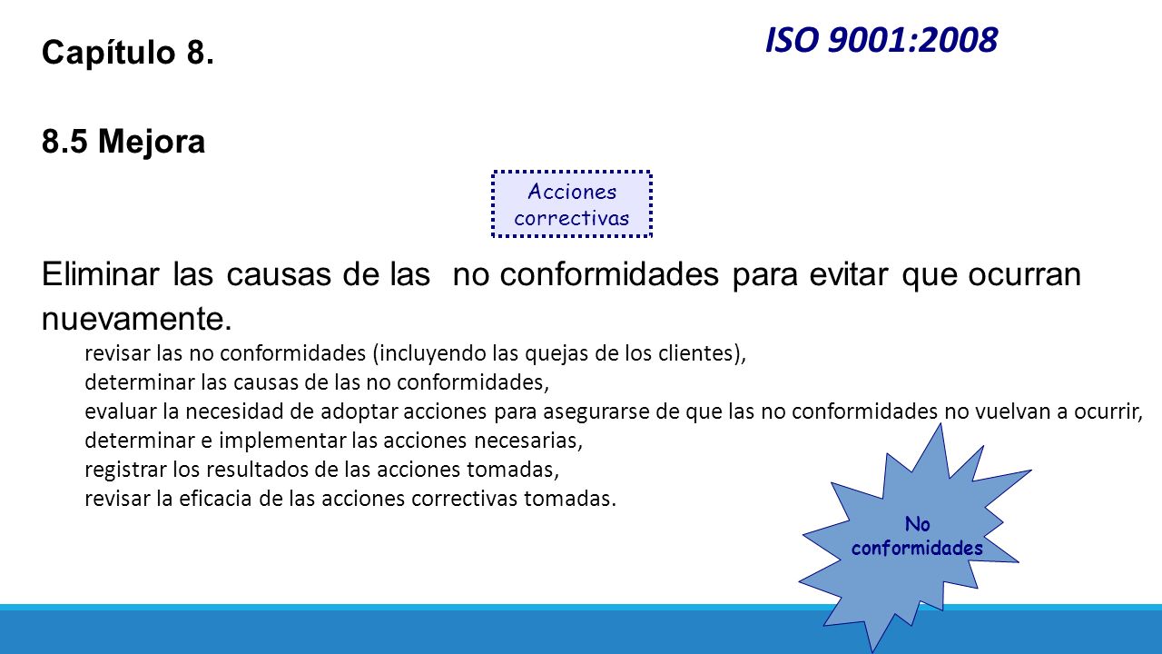 ISO 9001:2008 Capítulo Mejora. Eliminar las causas de las no conformidades para evitar que ocurran.