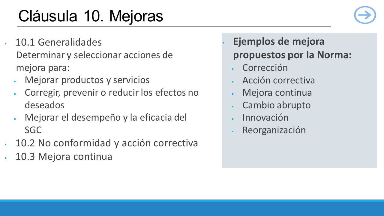 Cláusula 10. Mejoras Ejemplos de mejora propuestos por la Norma: