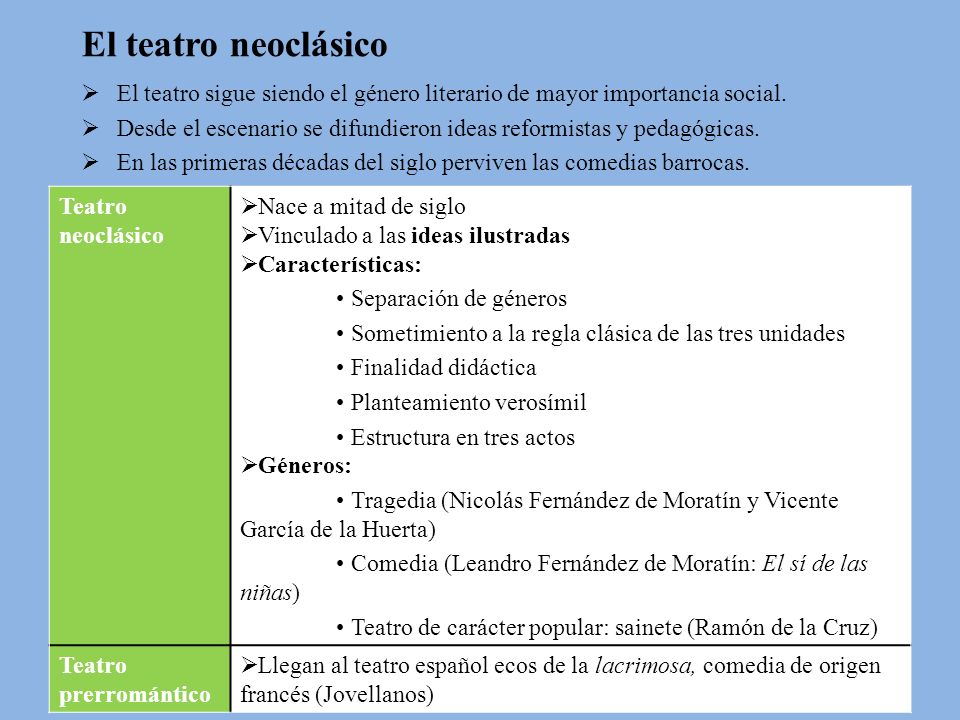 El teatro neoclásico El teatro sigue siendo el género literario de mayor importancia social.