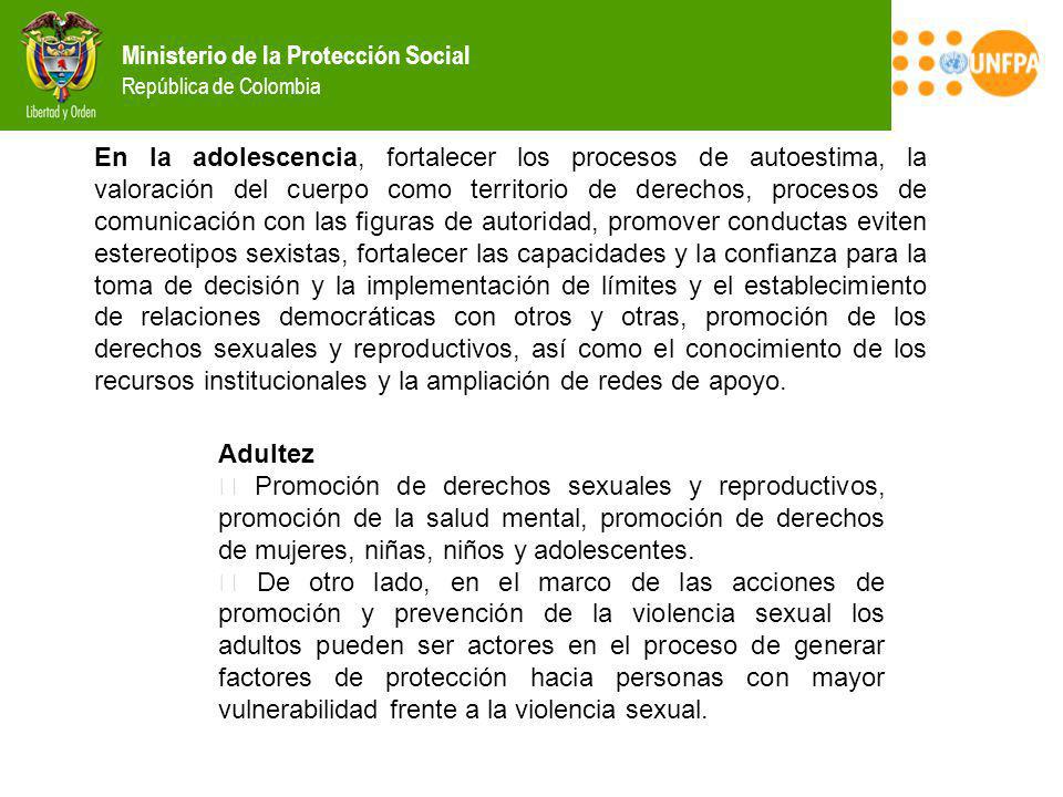 En la adolescencia, fortalecer los procesos de autoestima, la valoración del cuerpo como territorio de derechos, procesos de comunicación con las figuras de autoridad, promover conductas eviten estereotipos sexistas, fortalecer las capacidades y la confianza para la toma de decisión y la implementación de límites y el establecimiento de relaciones democráticas con otros y otras, promoción de los derechos sexuales y reproductivos, así como el conocimiento de los recursos institucionales y la ampliación de redes de apoyo.