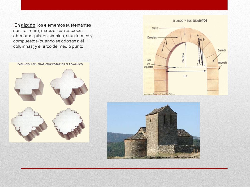 En alzado, los elementos sustentantes son : el muro, macizo, con escasas aberturas; pilares simples, cruciformes y compuestos (cuando se adosan a él columnas) y el arco de medio punto.