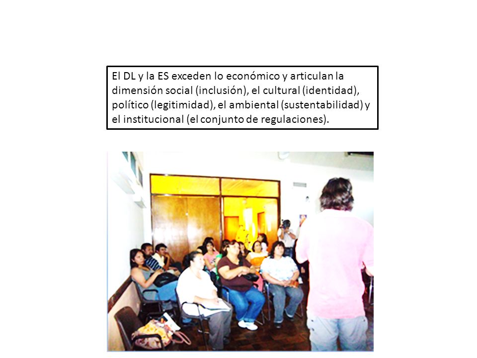 El DL y la ES exceden lo económico y articulan la dimensión social (inclusión), el cultural (identidad), político (legitimidad), el ambiental (sustentabilidad) y el institucional (el conjunto de regulaciones).