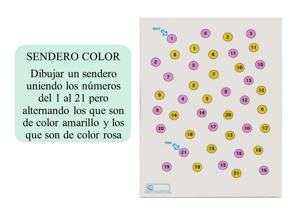 SENDERO COLOR Dibujar un sendero uniendo los números del 1 al 21 pero alternando los que son de color amarillo y los que son de color rosa.