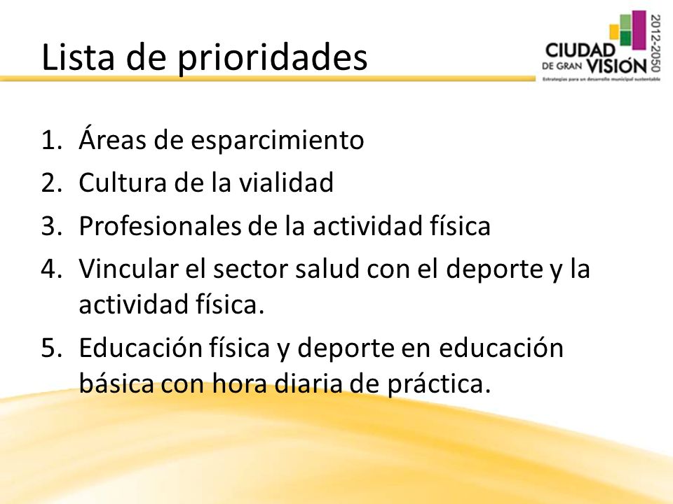 Lista de prioridades Áreas de esparcimiento Cultura de la vialidad