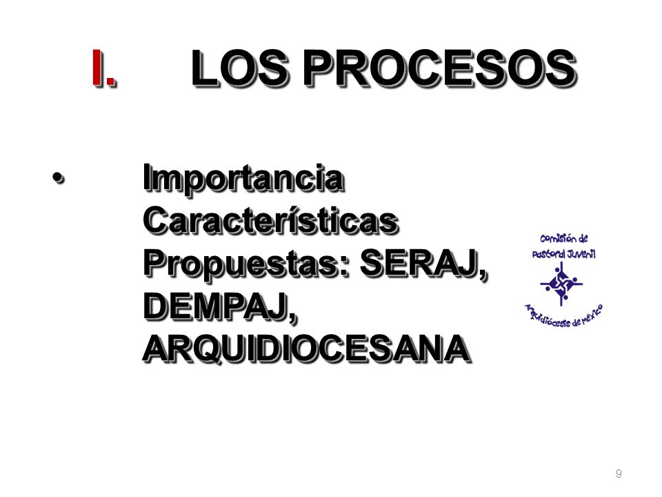 LOS PROCESOS Importancia Características Propuestas: SERAJ, DEMPAJ, ARQUIDIOCESANA 9