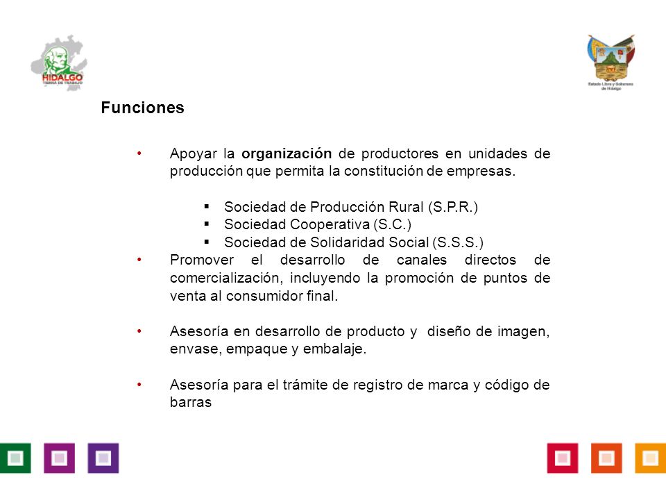 Funciones Apoyar la organización de productores en unidades de producción que permita la constitución de empresas.