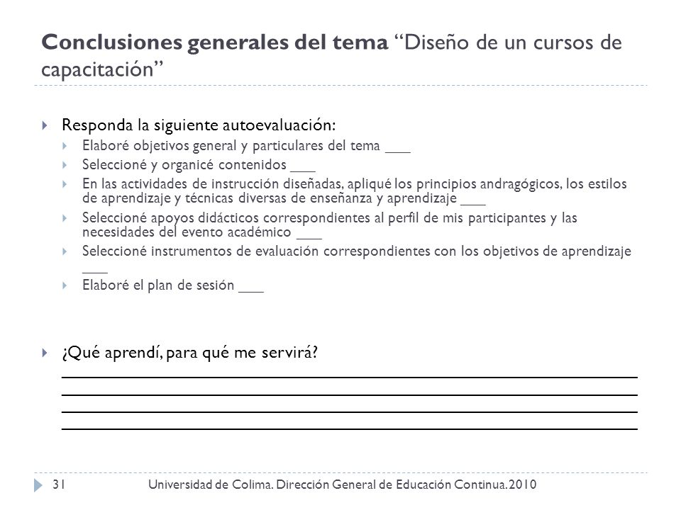 Conclusiones generales del tema Diseño de un cursos de capacitación