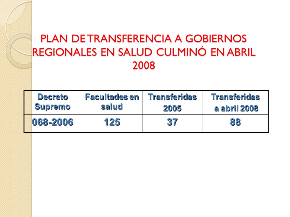 PLAN DE TRANSFERENCIA A GOBIERNOS REGIONALES EN SALUD CULMINÓ EN ABRIL 2008