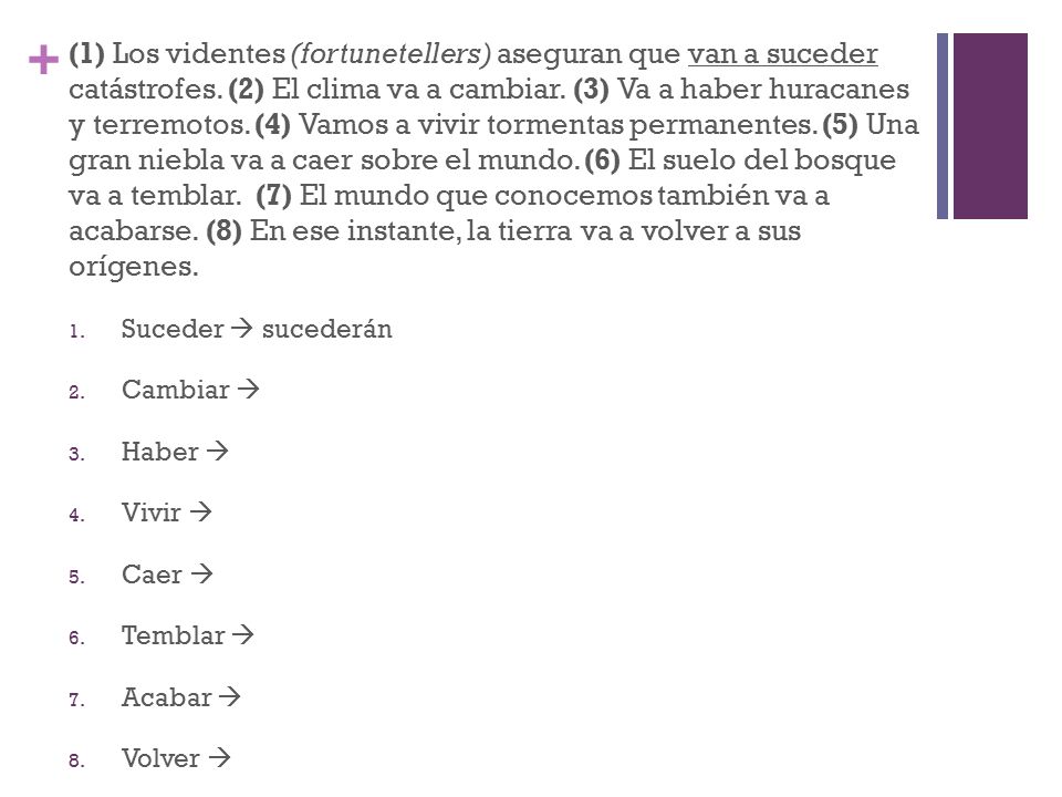 (1) Los videntes (fortunetellers) aseguran que van a suceder catástrofes. (2) El clima va a cambiar. (3) Va a haber huracanes y terremotos. (4) Vamos a vivir tormentas permanentes. (5) Una gran niebla va a caer sobre el mundo. (6) El suelo del bosque va a temblar. (7) El mundo que conocemos también va a acabarse. (8) En ese instante, la tierra va a volver a sus orígenes.