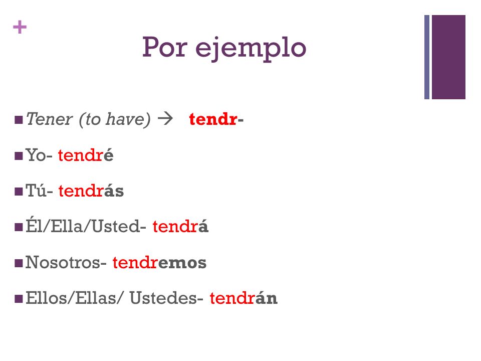 Por ejemplo Tener (to have)  tendr- Yo- tendré Tú- tendrás