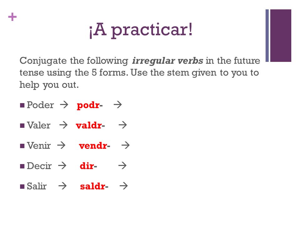 ¡A practicar! Conjugate the following irregular verbs in the future tense using the 5 forms. Use the stem given to you to help you out.
