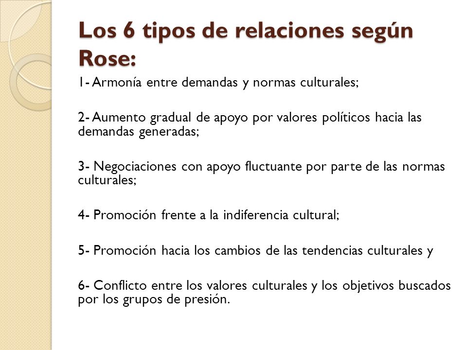 Los 6 tipos de relaciones según Rose: