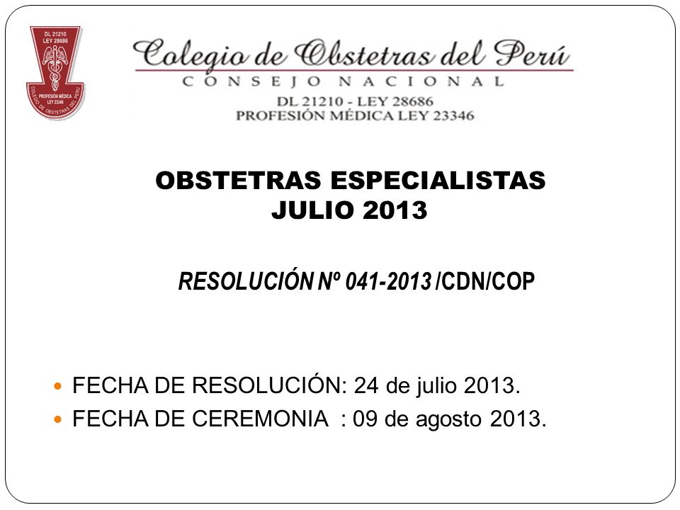 OBSTETRAS ESPECIALISTAS JULIO 2013