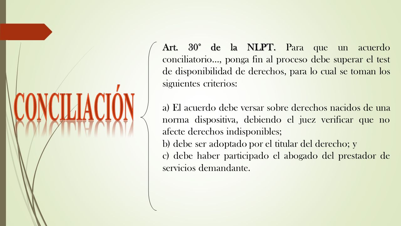 Art. 30° de la NLPT. Para que un acuerdo conciliatorio…, ponga fin al proceso debe superar el test de disponibilidad de derechos, para lo cual se toman los siguientes criterios: