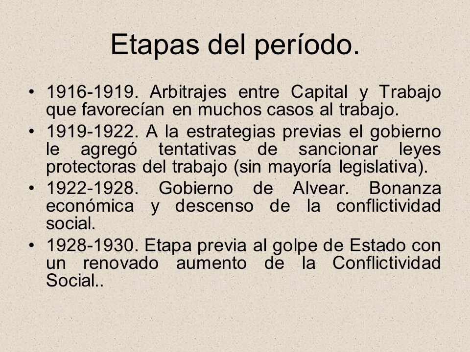 Etapas del período Arbitrajes entre Capital y Trabajo que favorecían en muchos casos al trabajo.