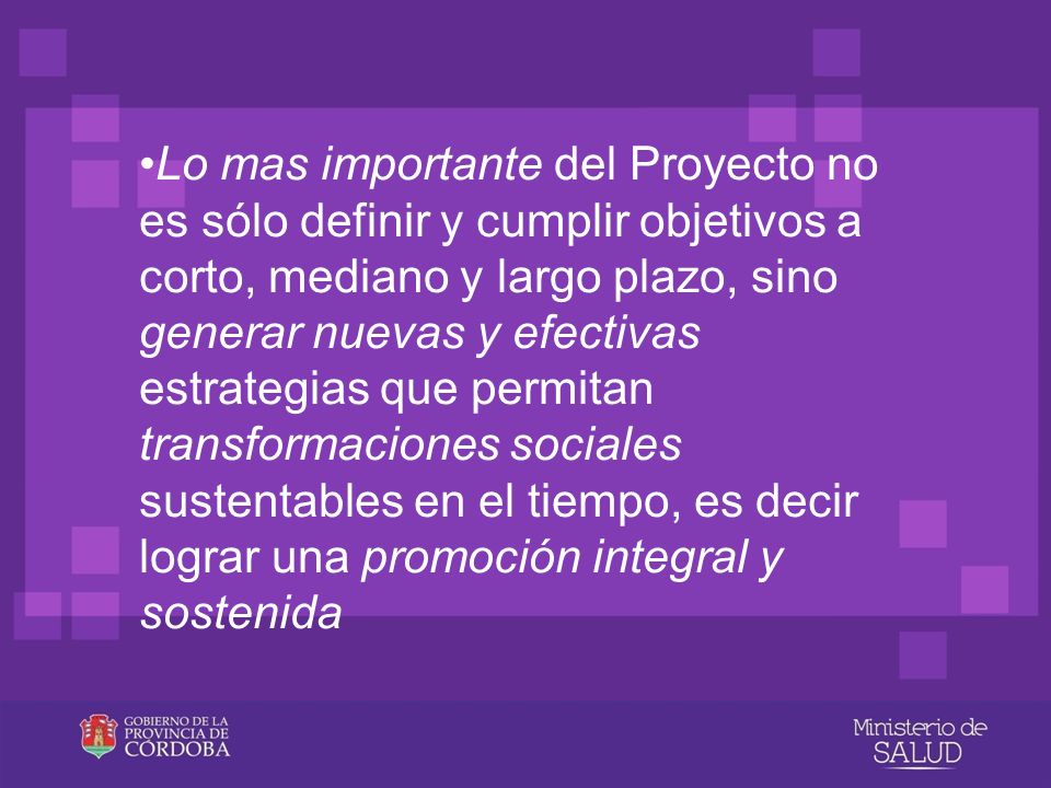•Lo mas importante del Proyecto no es sólo definir y cumplir objetivos a corto, mediano y largo plazo, sino generar nuevas y efectivas estrategias que permitan transformaciones sociales sustentables en el tiempo, es decir lograr una promoción integral y sostenida