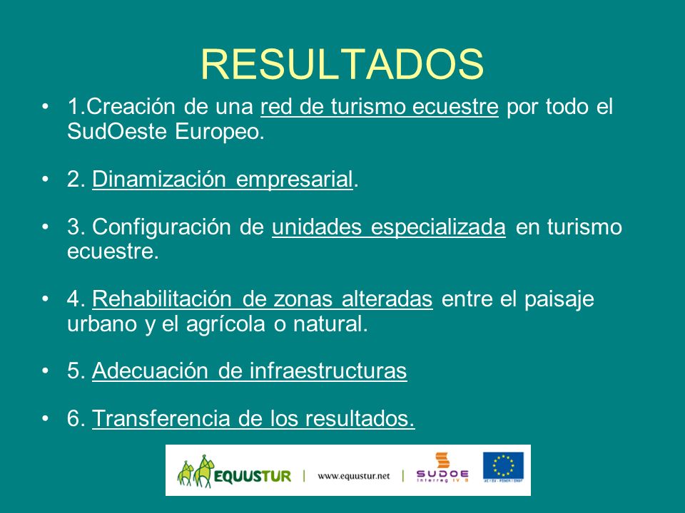 RESULTADOS 1.Creación de una red de turismo ecuestre por todo el SudOeste Europeo. 2. Dinamización empresarial.