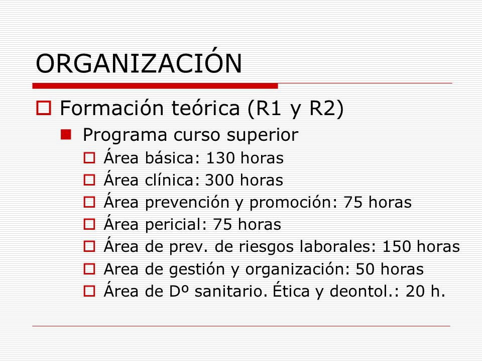 ORGANIZACIÓN Formación teórica (R1 y R2) Programa curso superior