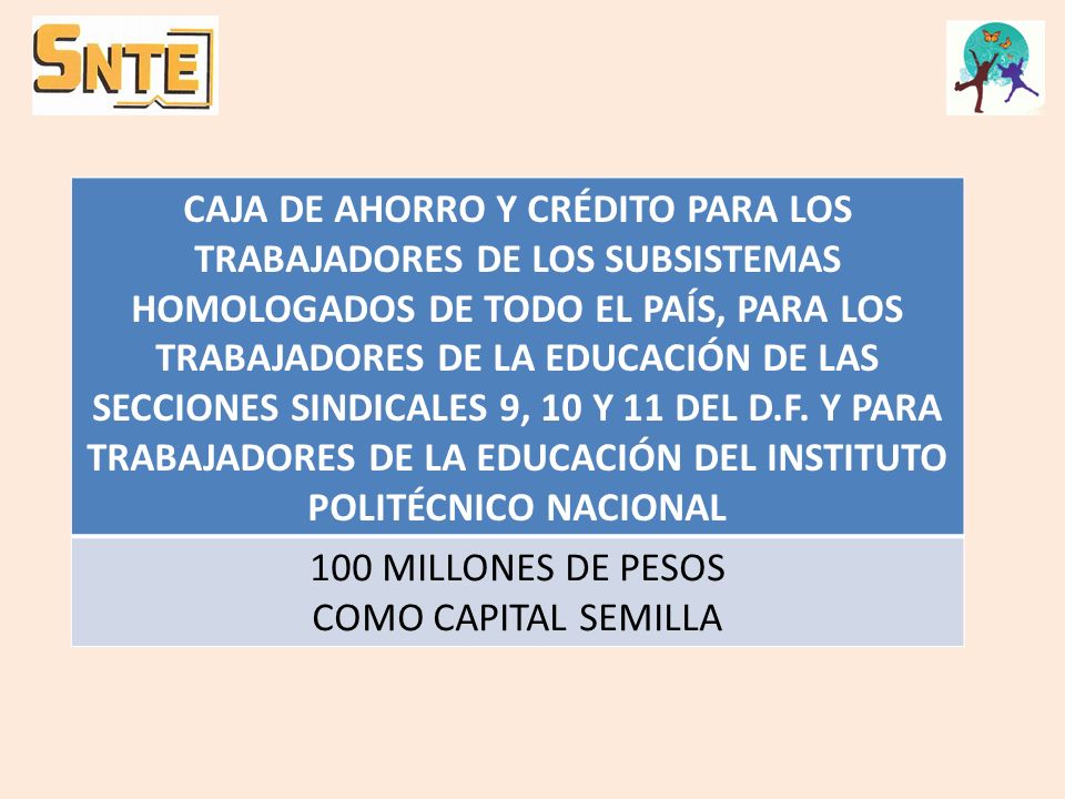 CAJA DE AHORRO Y CRÉDITO PARA LOS TRABAJADORES DE LOS SUBSISTEMAS HOMOLOGADOS DE TODO EL PAÍS, PARA LOS TRABAJADORES DE LA EDUCACIÓN DE LAS SECCIONES SINDICALES 9, 10 Y 11 DEL D.F. Y PARA TRABAJADORES DE LA EDUCACIÓN DEL INSTITUTO POLITÉCNICO NACIONAL