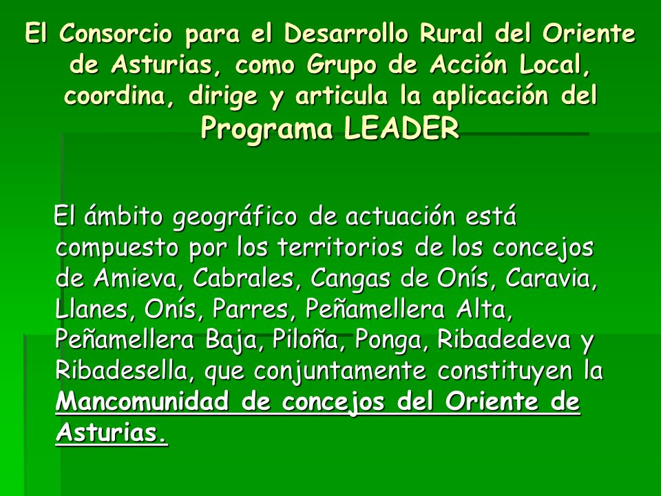 El Consorcio para el Desarrollo Rural del Oriente de Asturias, como Grupo de Acción Local, coordina, dirige y articula la aplicación del Programa LEADER