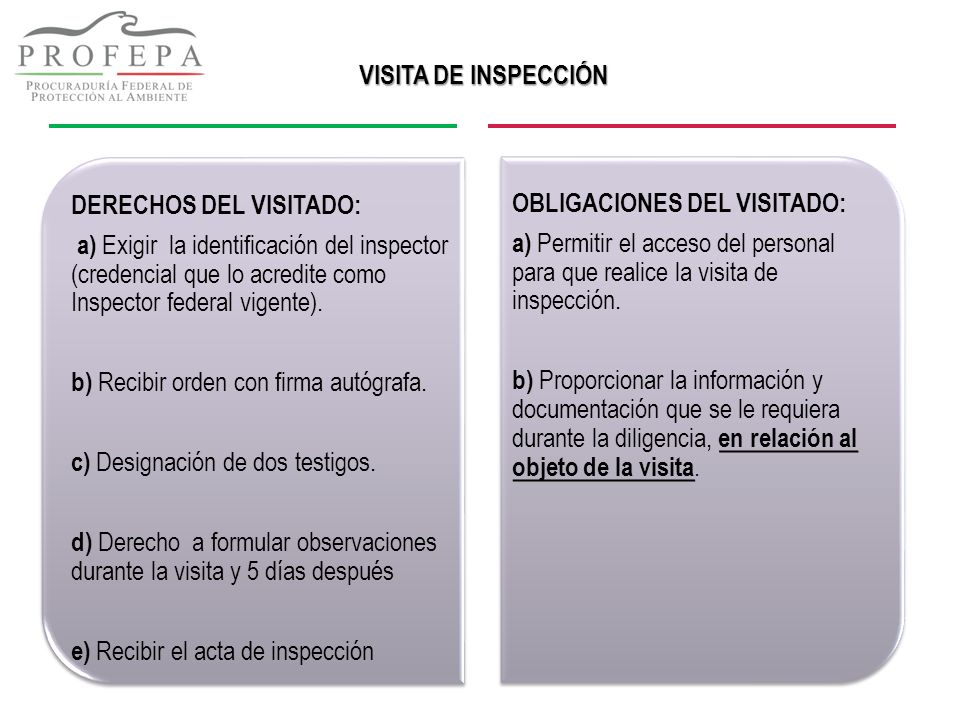 VISITA DE INSPECCIÓN DERECHOS DEL VISITADO: a) Exigir la identificación del inspector (credencial que lo acredite como Inspector federal vigente).