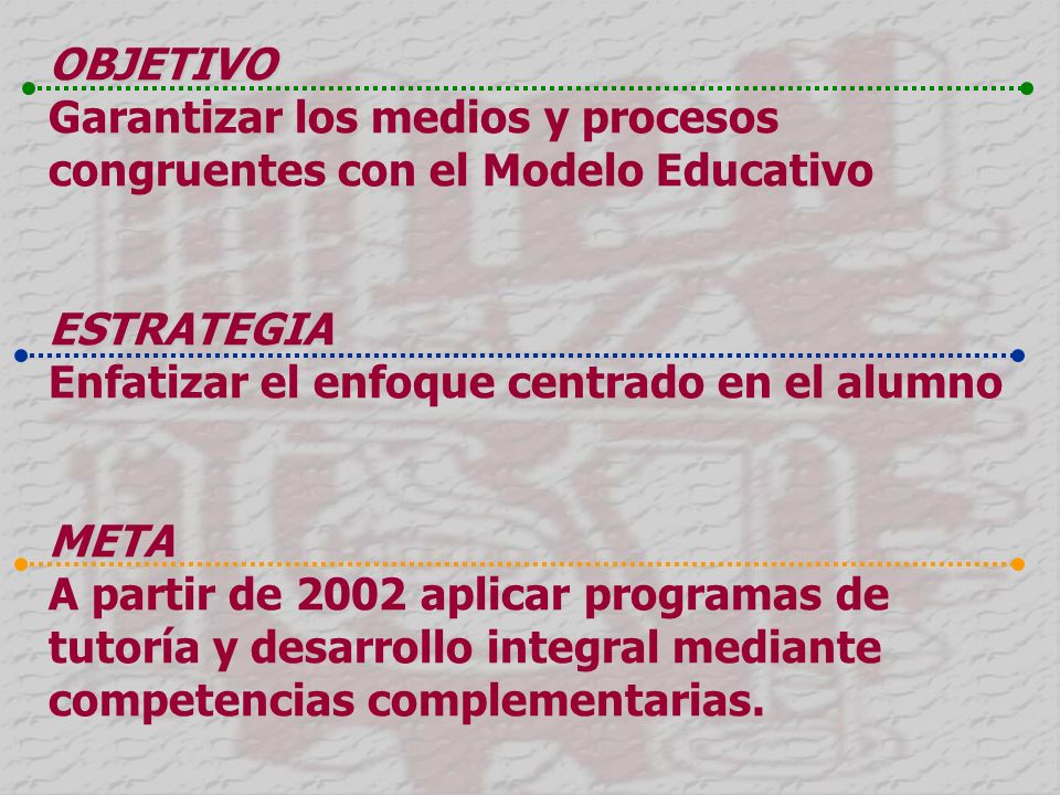 OBJETIVO Garantizar los medios y procesos congruentes con el Modelo Educativo. ESTRATEGIA. Enfatizar el enfoque centrado en el alumno.