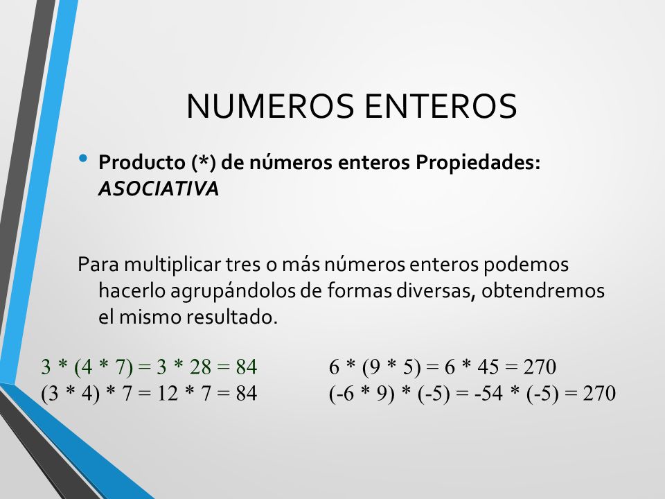 NUMEROS ENTEROS Producto (*) de números enteros Propiedades: ASOCIATIVA.