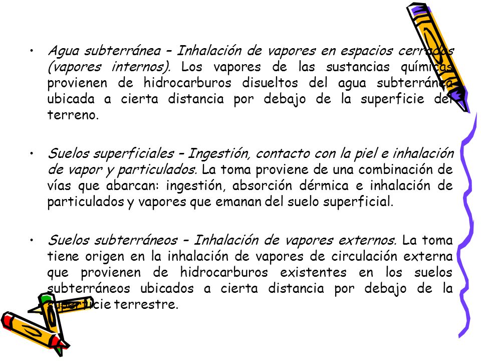 Agua subterránea – Inhalación de vapores en espacios cerrados (vapores internos). Los vapores de las sustancias químicas provienen de hidrocarburos disueltos del agua subterránea ubicada a cierta distancia por debajo de la superficie del terreno.