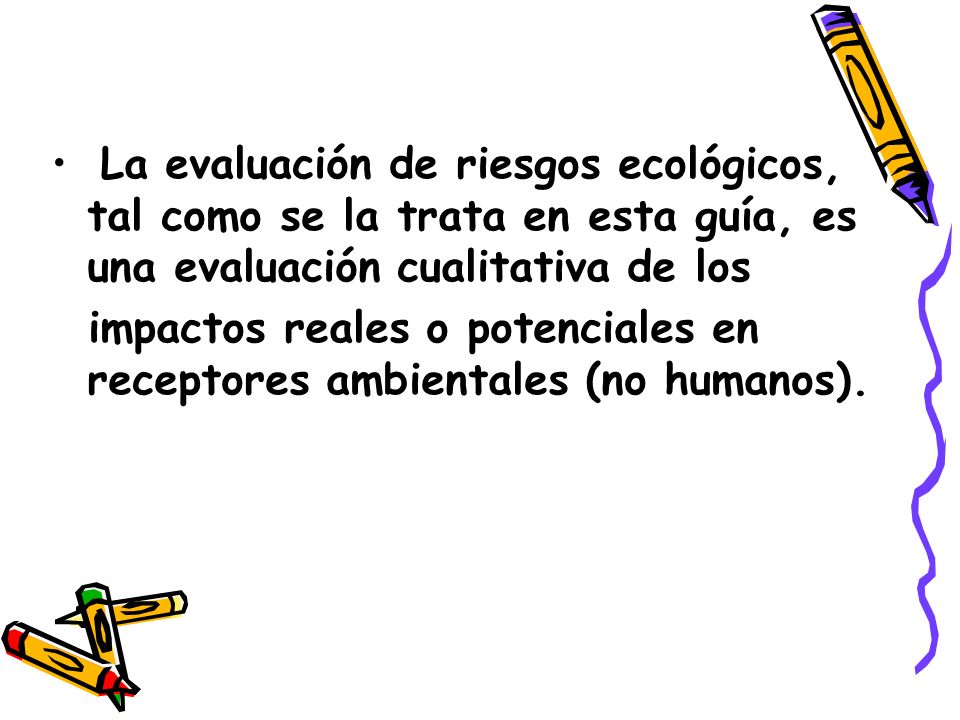 La evaluación de riesgos ecológicos, tal como se la trata en esta guía, es una evaluación cualitativa de los