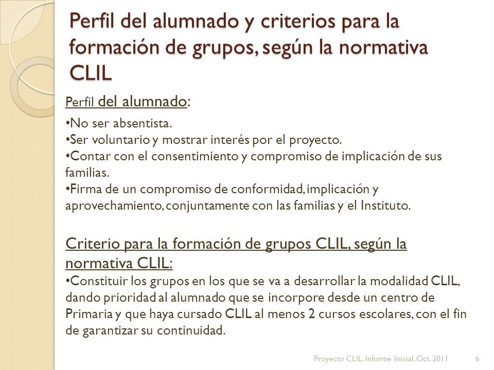 Perfil del alumnado y criterios para la formación de grupos, según la normativa CLIL