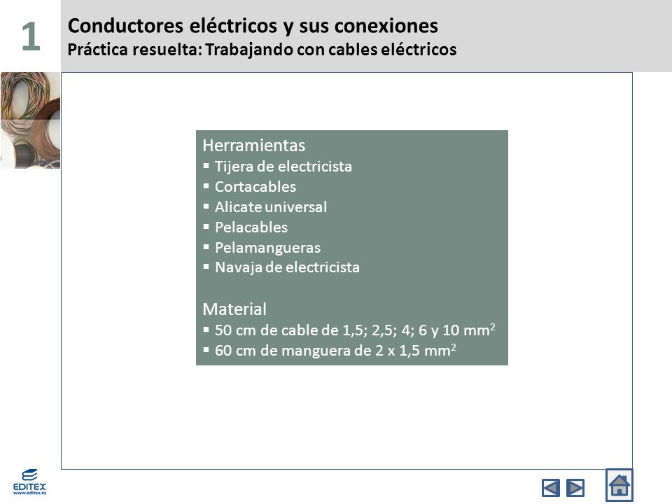 1 Conductores eléctricos y sus conexiones Práctica resuelta: Trabajando con cables eléctricos. Herramientas.