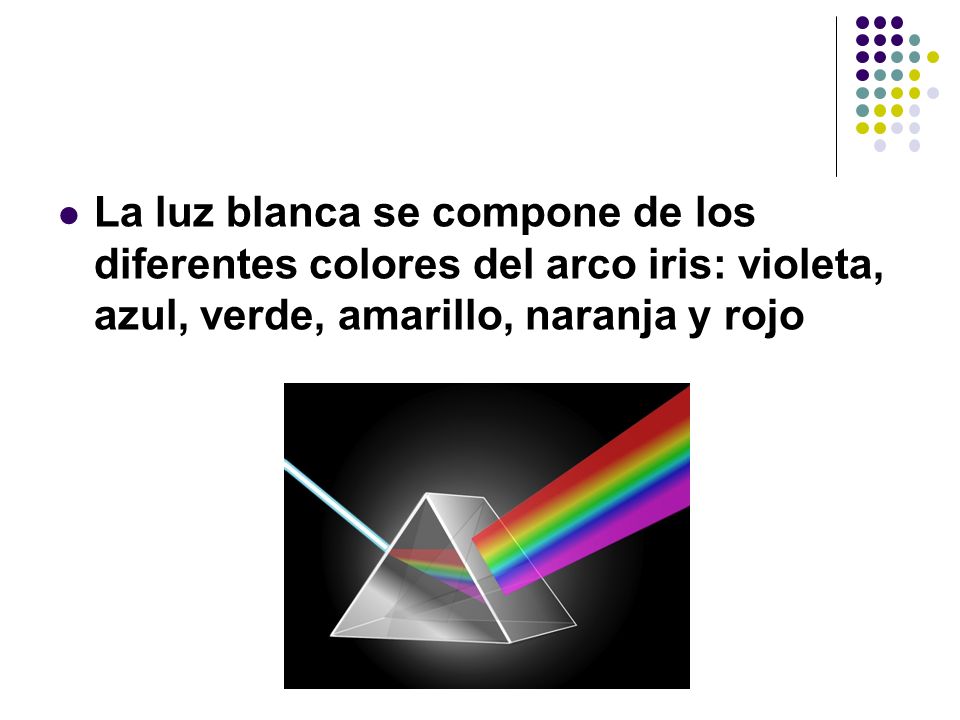 La luz blanca se compone de los diferentes colores del arco iris: violeta, azul, verde, amarillo, naranja y rojo