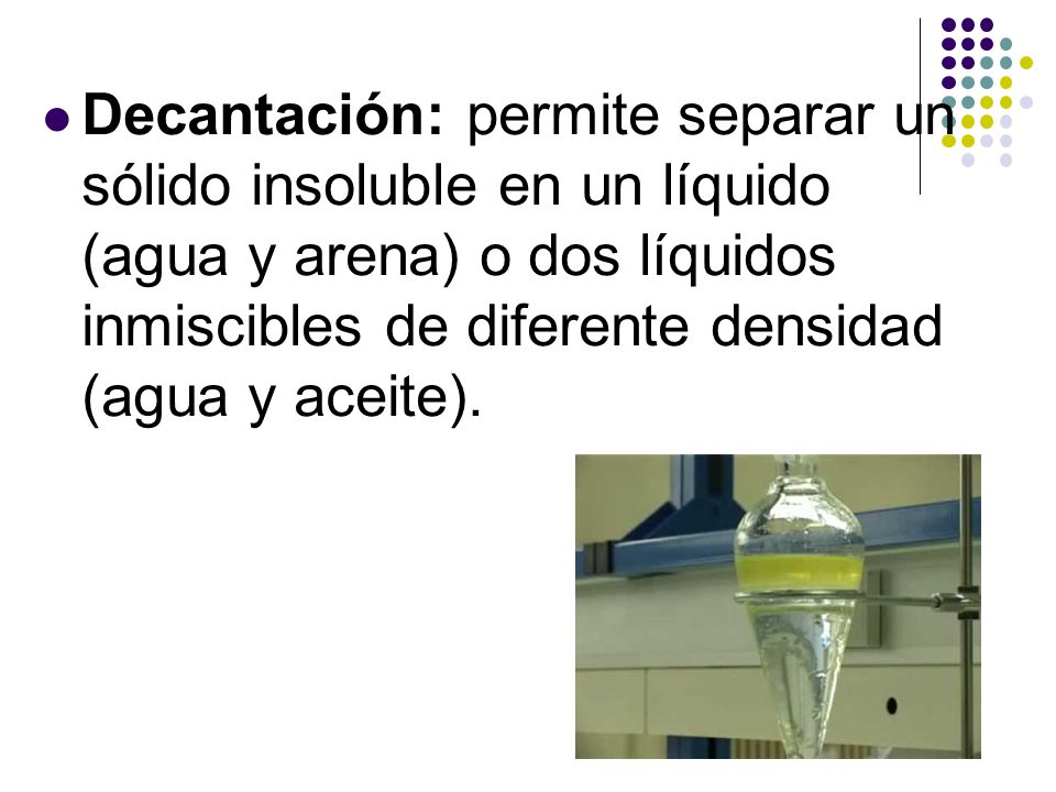 Decantación: permite separar un sólido insoluble en un líquido (agua y arena) o dos líquidos inmiscibles de diferente densidad (agua y aceite).
